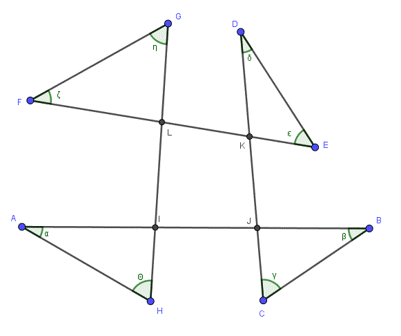 Cross-like figure with angles marked